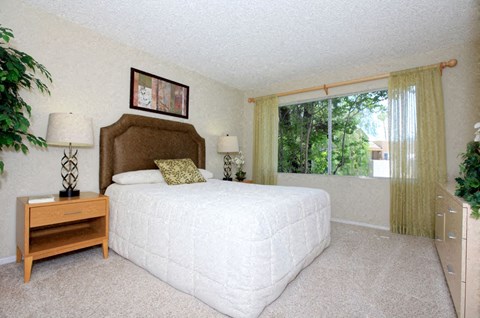 a bedroom with a large bed and a window