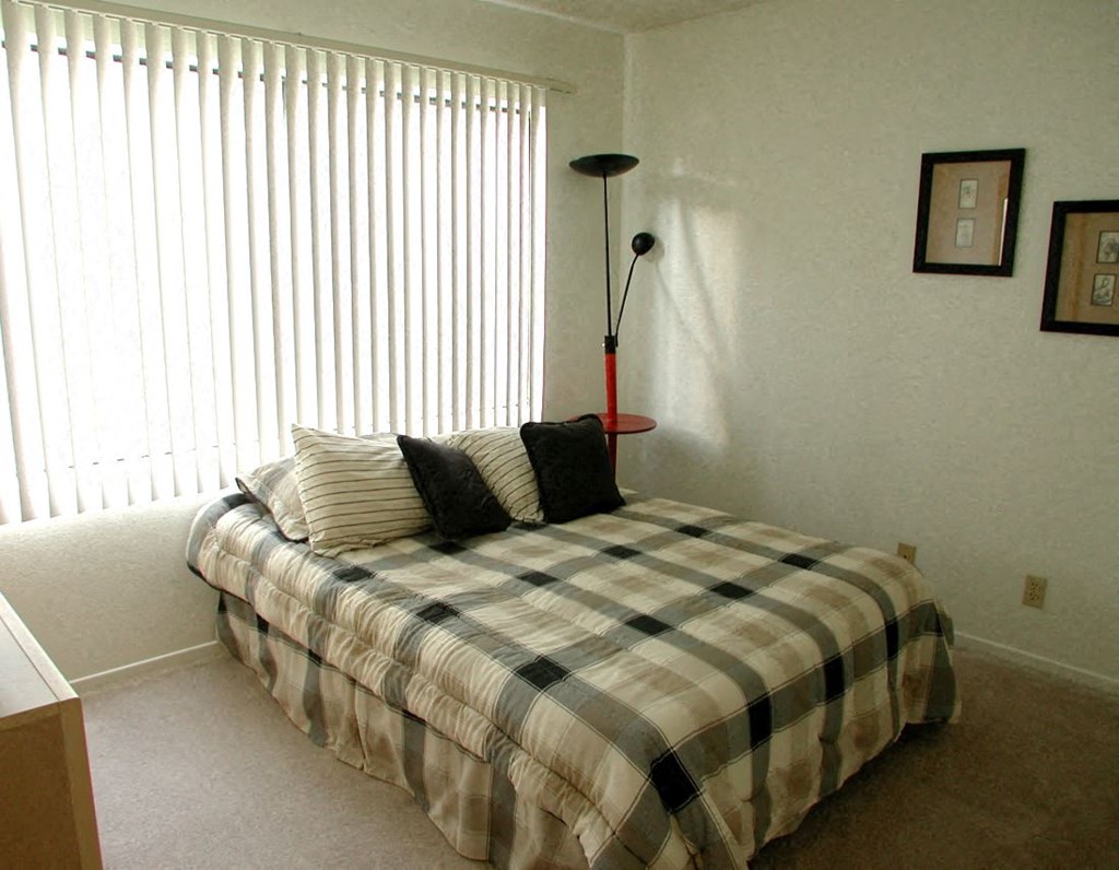 a bedroom with a bed with a checkered bedspread