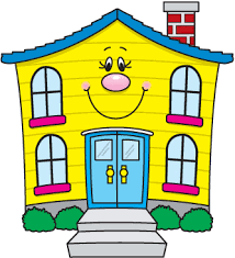 A yellow house with a blue door and windows.