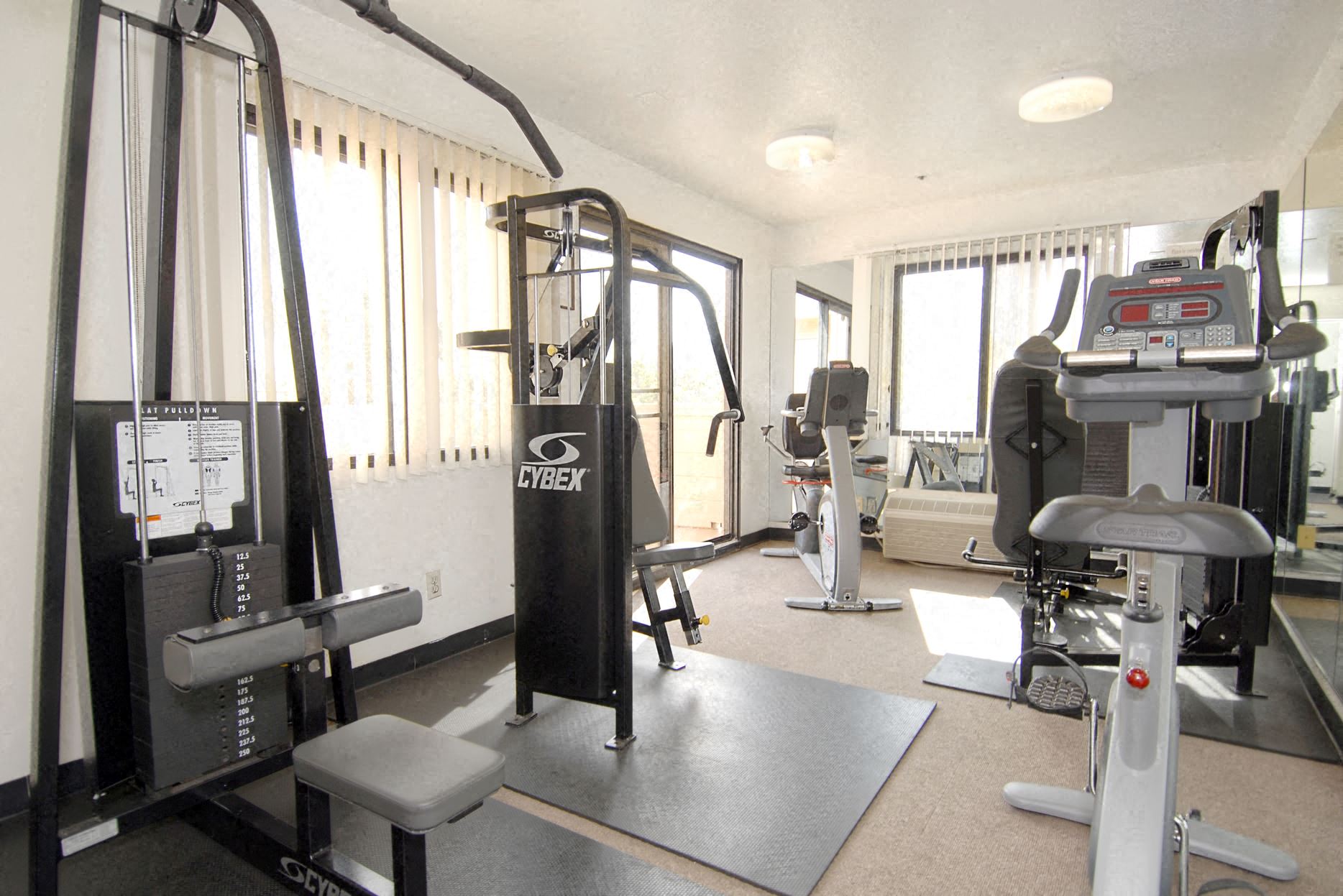 a gym with weights and other equipment in a room with windows