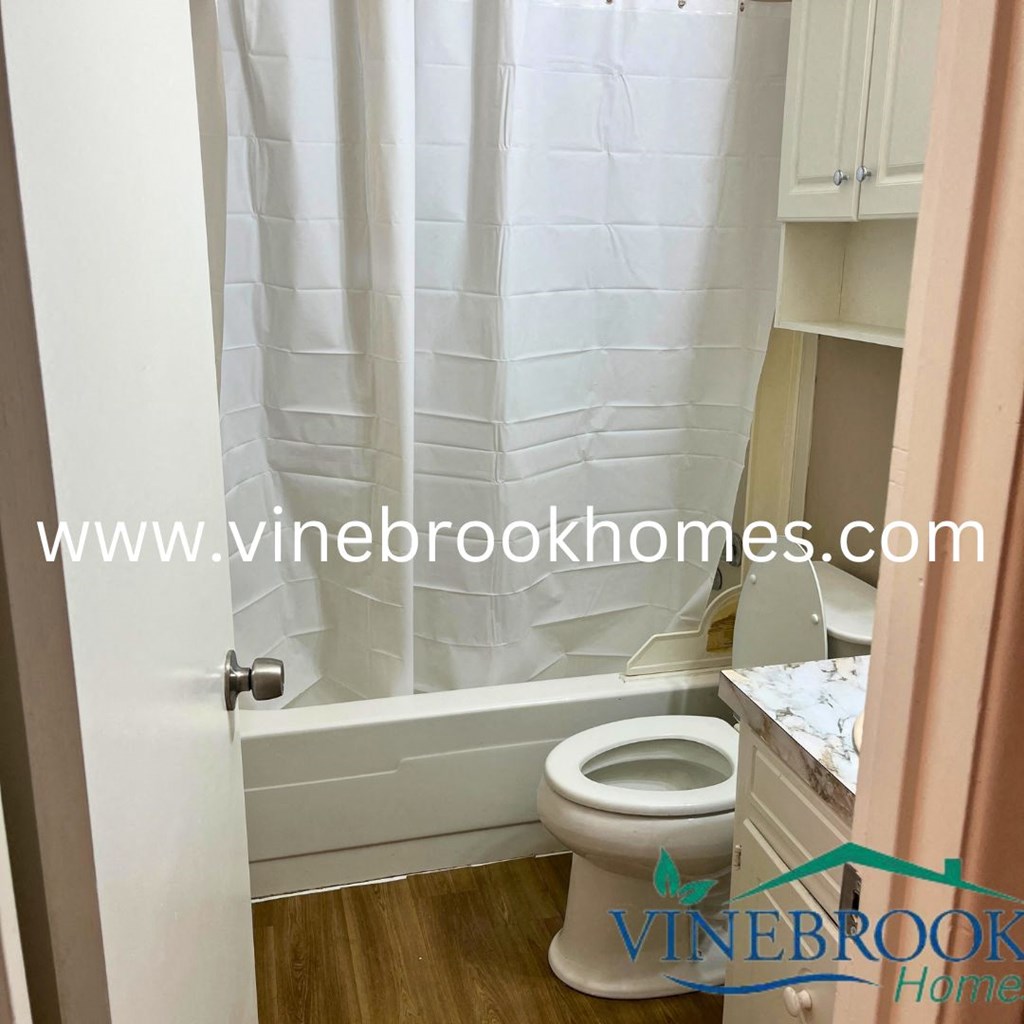 a bathroom with a toilet and a tub and a white shower curtain