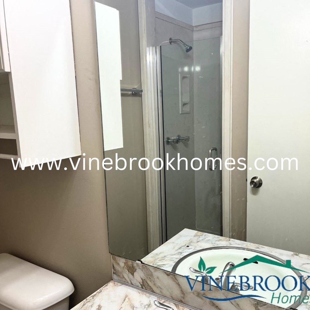 a bathroom with a shower and a sink and a mirror