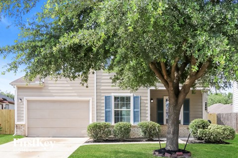 A tree in front of a house with a garage door.