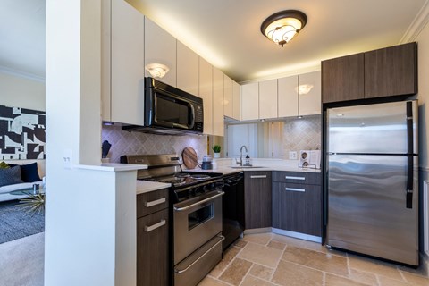 a kitchen with stainless steel appliances and a stainless steel refrigerator