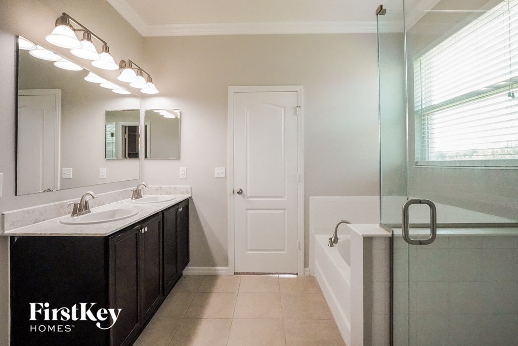 a bathroom with a sink and a shower and a mirror