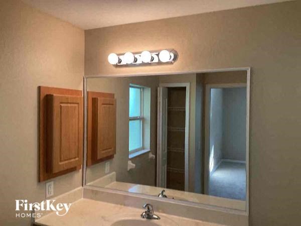 a bathroom with a sink and a large mirror