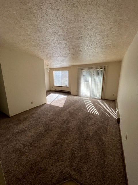 an empty living room with carpet and a window