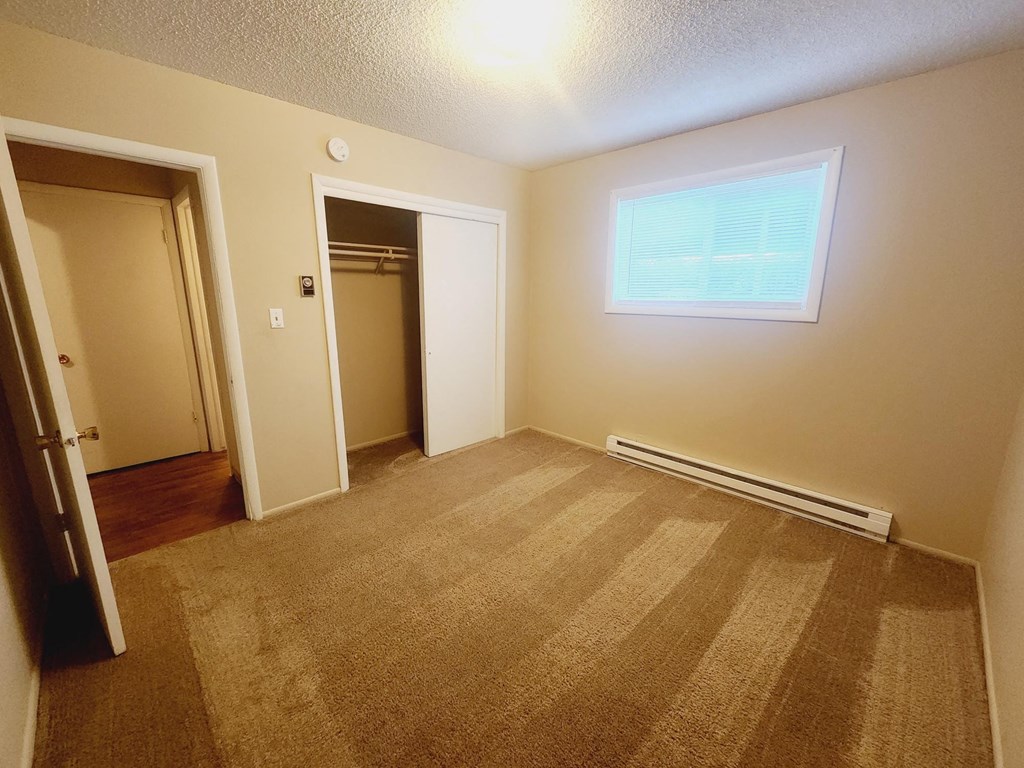 a empty room with carpet and a door to a closet