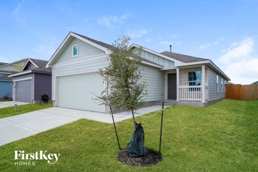 a tree in a yard in front of a house