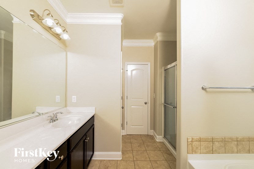 a bathroom with a sink and a mirror and a shower