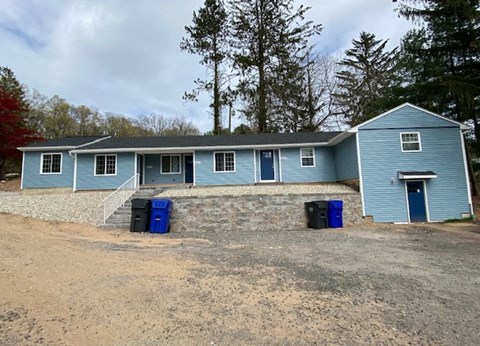 a blue house with blue trash cans in front of it
