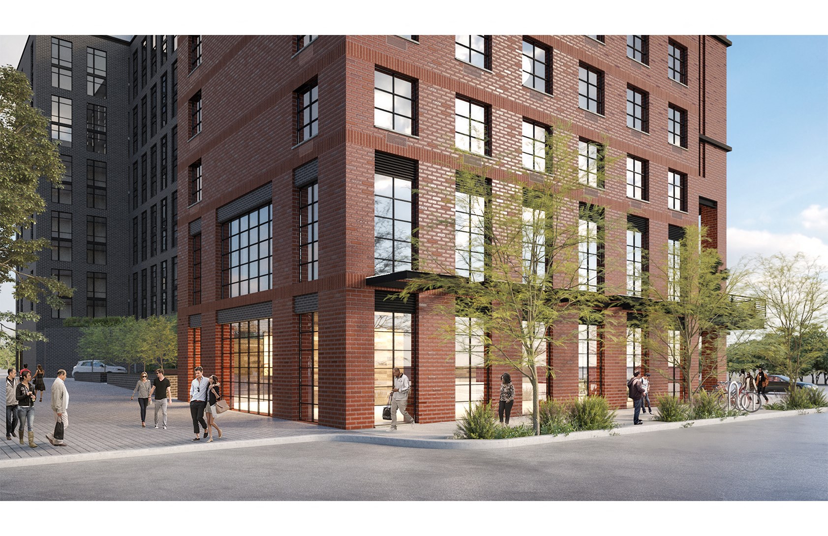 a rendering of a brick building with people walking in front of it