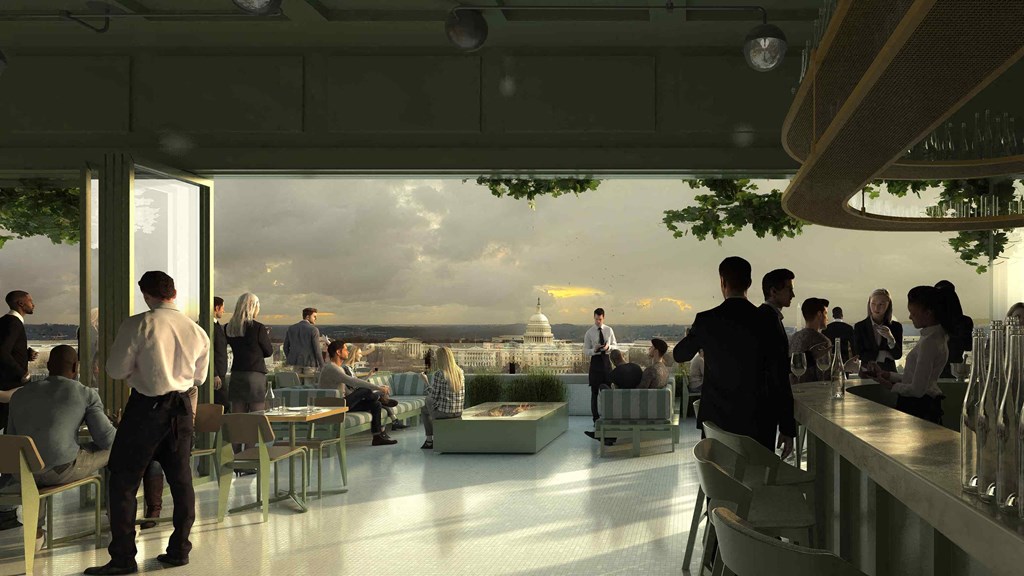 a rendering of the bar and terrace at the building