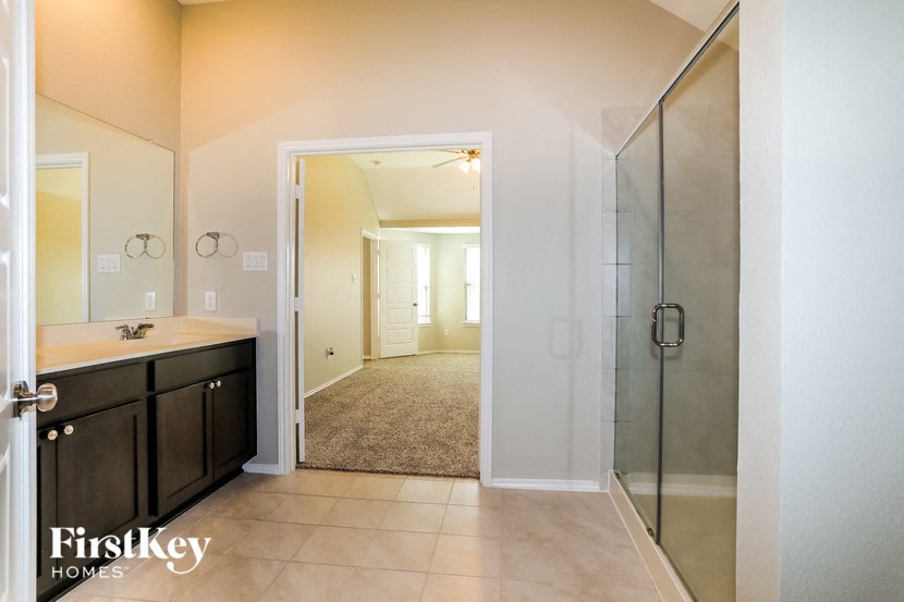 A bathroom with a sink, mirror, and shower.