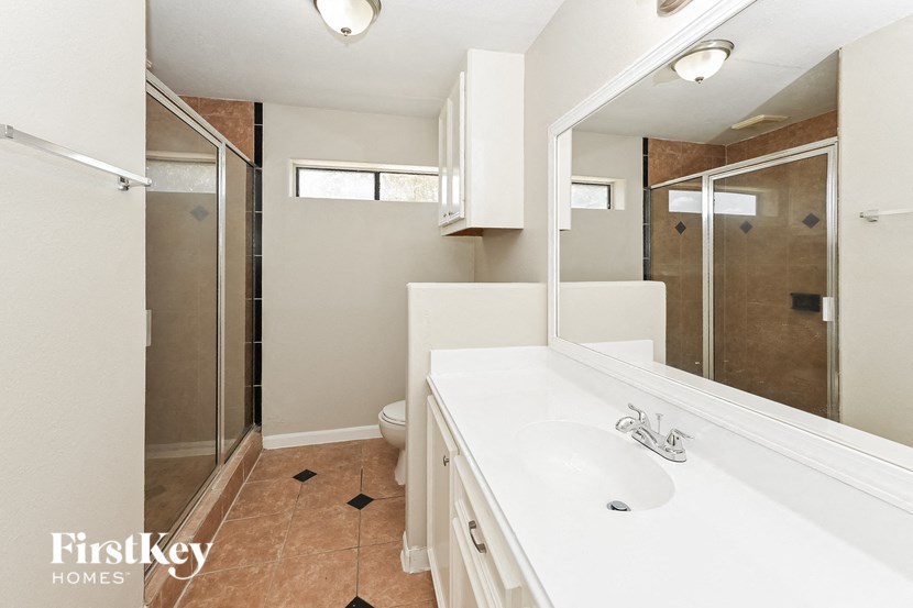 a bathroom with a sink and a shower and a mirror