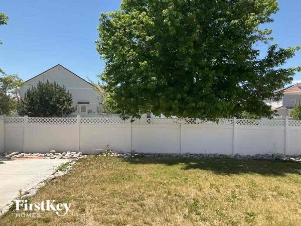 a backyard with a white fence and a tree