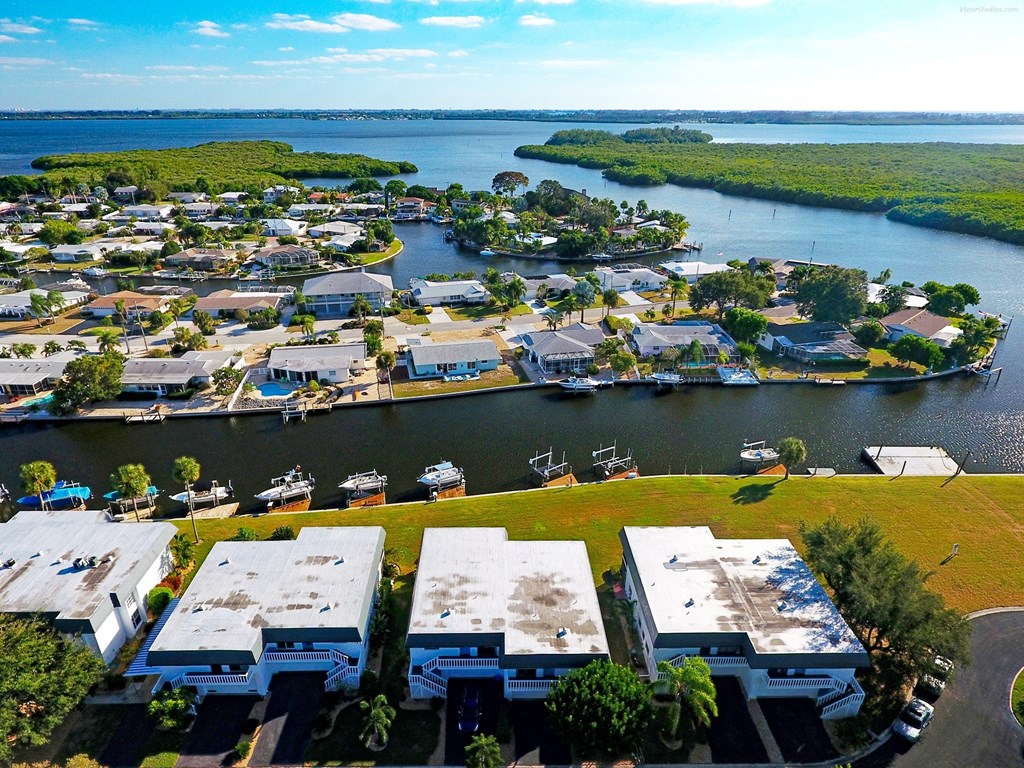 an aerial view of a marina with boats on the water and houses on the