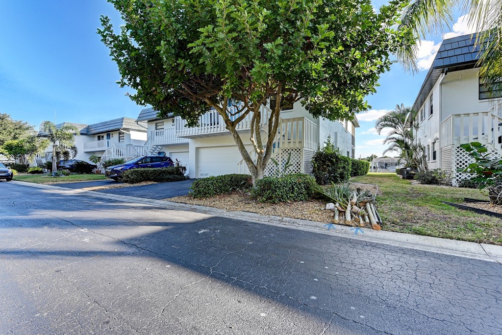 an empty street in front of a house with a tree and a sign on the