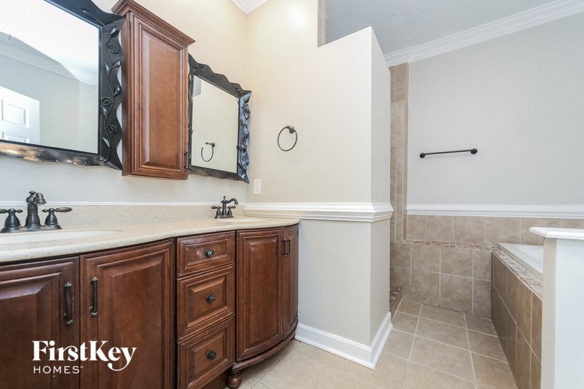 a bathroom with a sink and a mirror and a tub