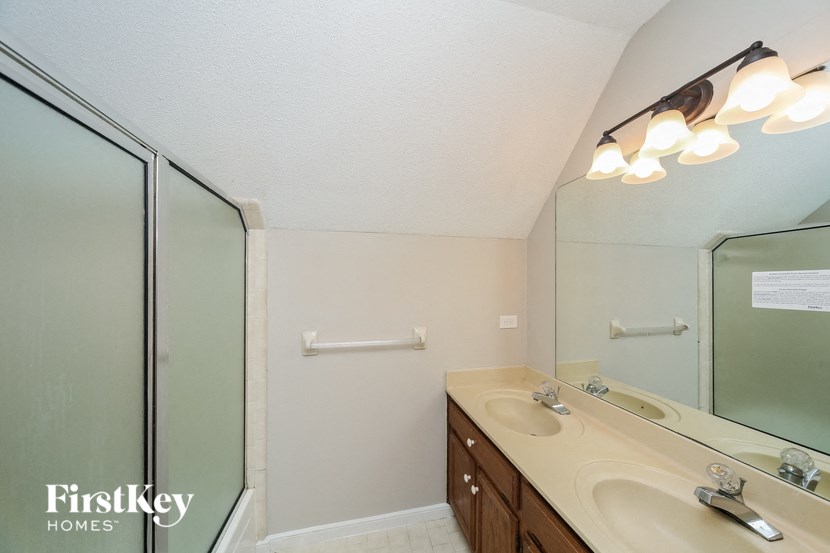 a bathroom with a sink and a shower and a mirror