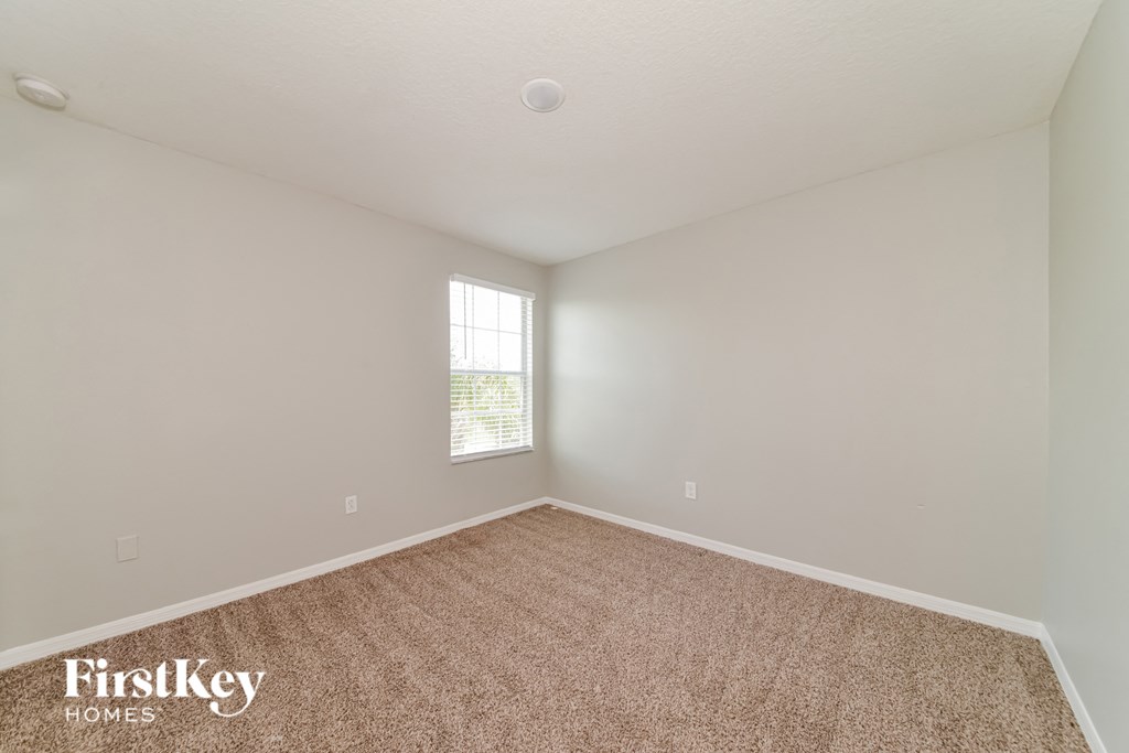 a spacious bedroom with carpet and a window