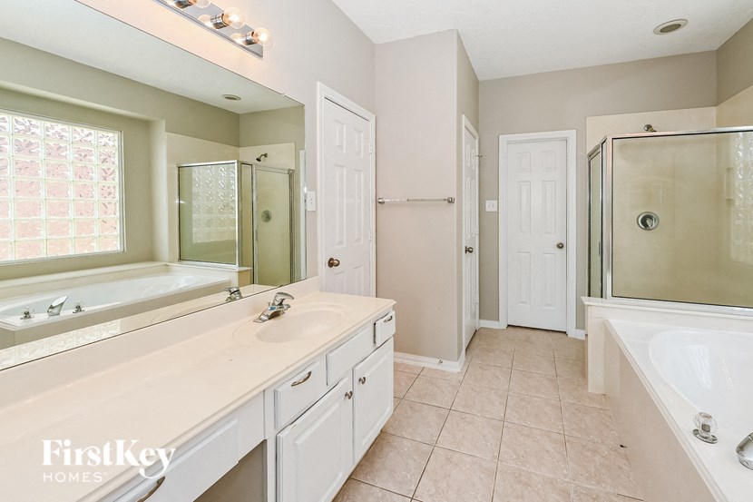 a bathroom with a sink and a mirror and a shower
