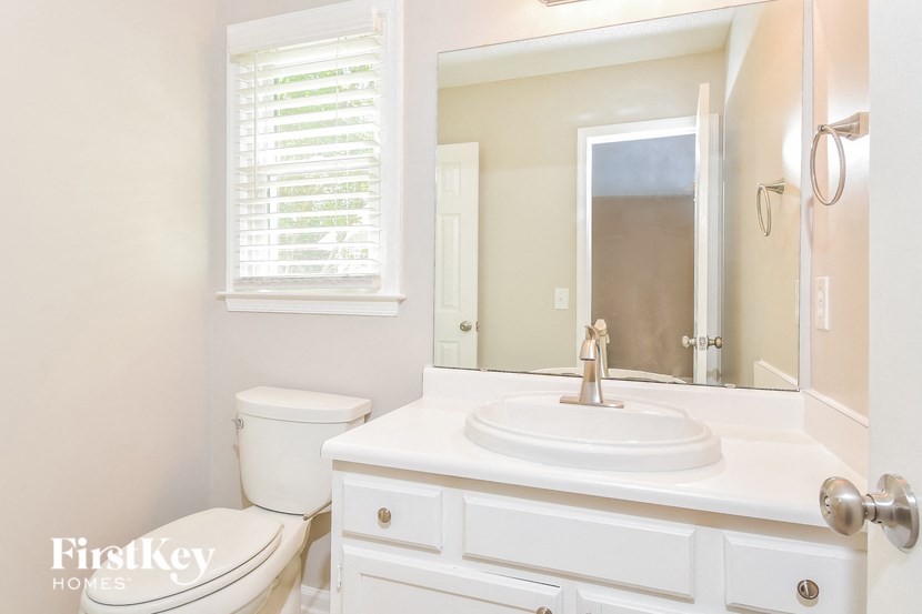 a bathroom with a sink and a toilet and a mirror