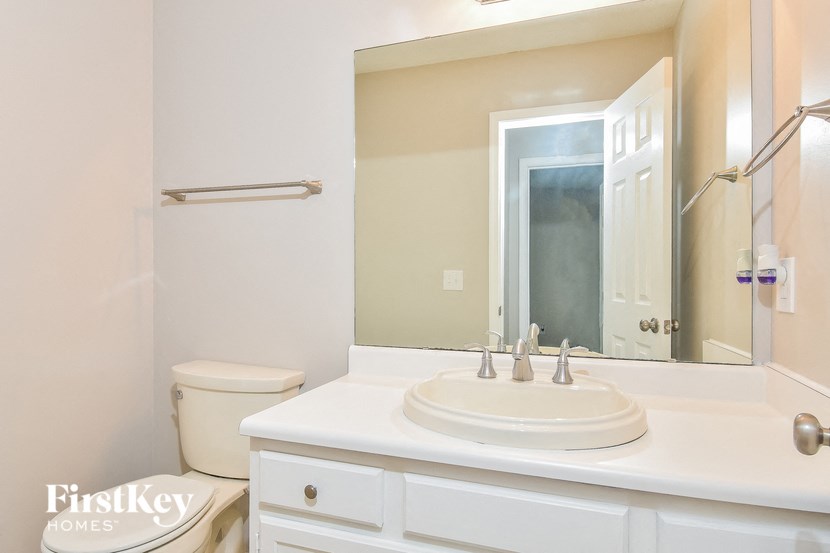 a bathroom with a sink and a mirror and a toilet