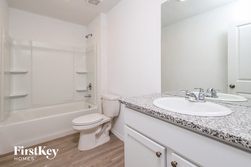 a bathroom with a sink and a toilet and a bath tub