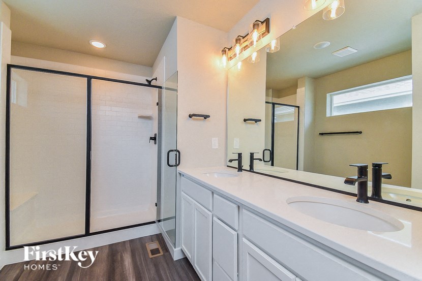 a bathroom with a sink and a shower and a mirror