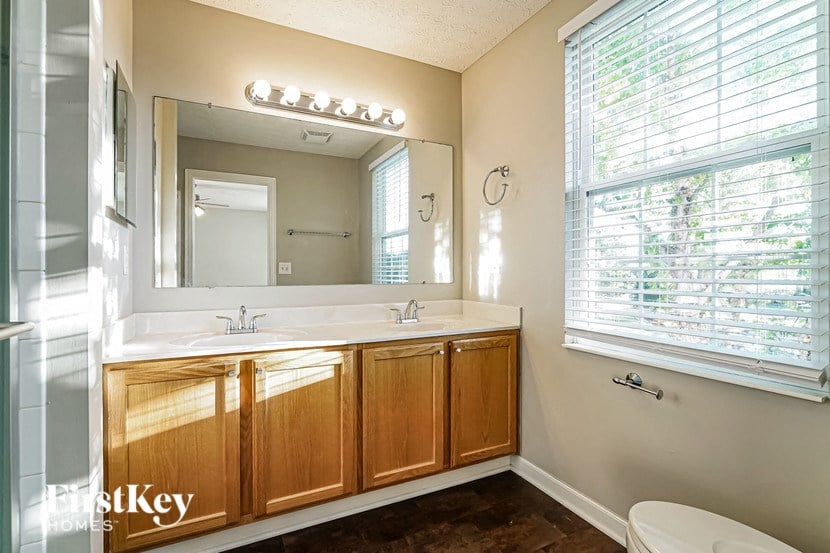 a bathroom with a sink and a mirror and a window