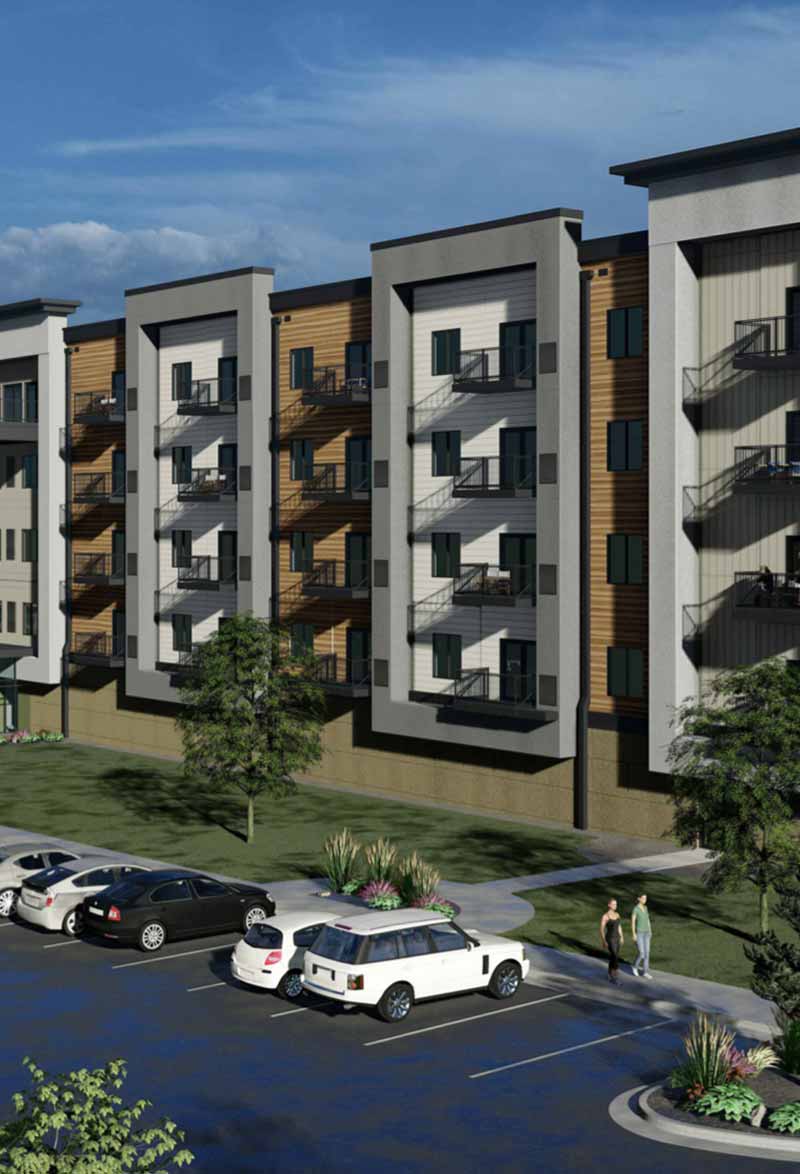 a rendering of an apartment building on a city street