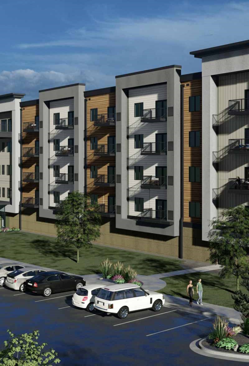 a rendering of an apartment building on a city street