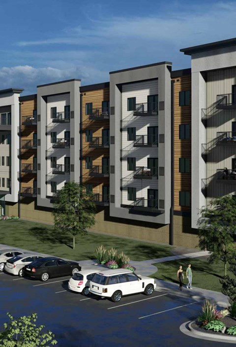 a rendering of an apartment building on a city street
