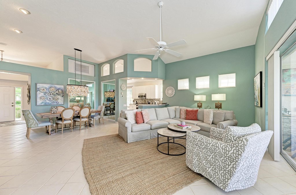 a living room with a couch and a table