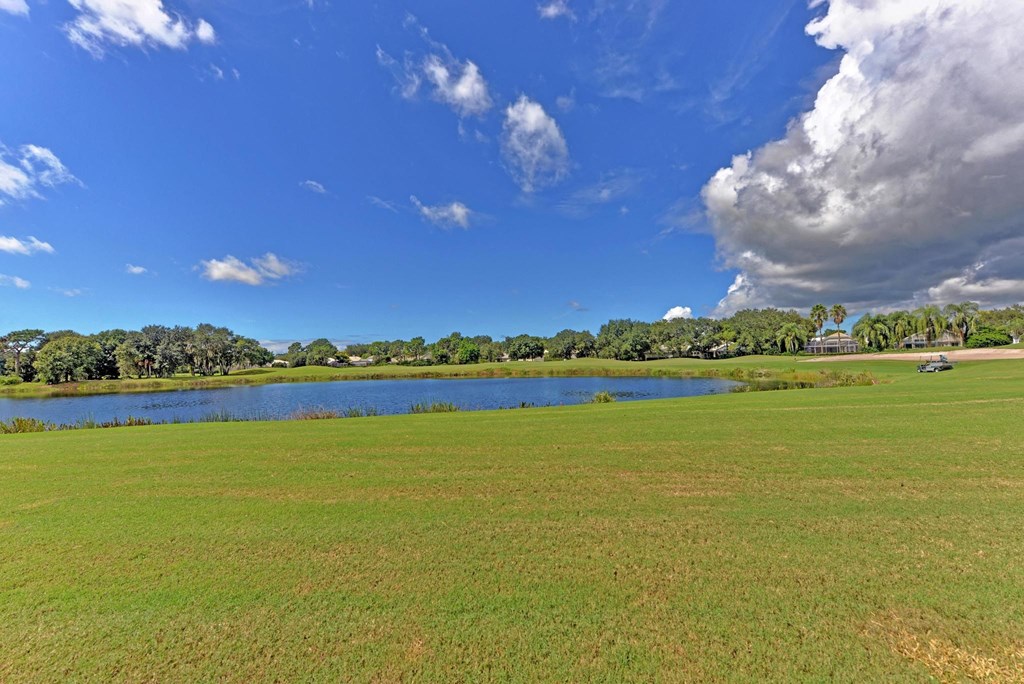 a large grassy field with a lake in the middle