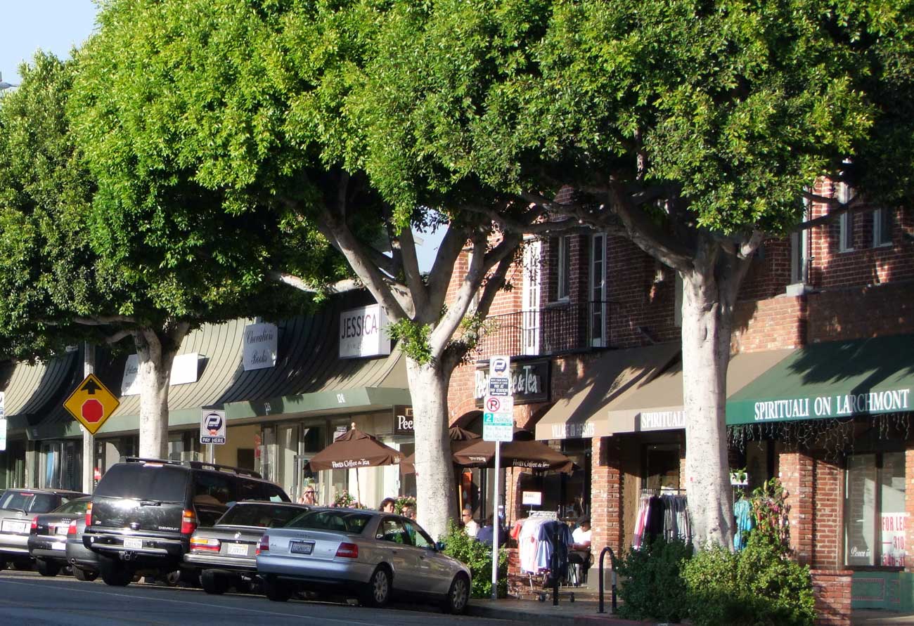 a city street with cars parked in front of trees