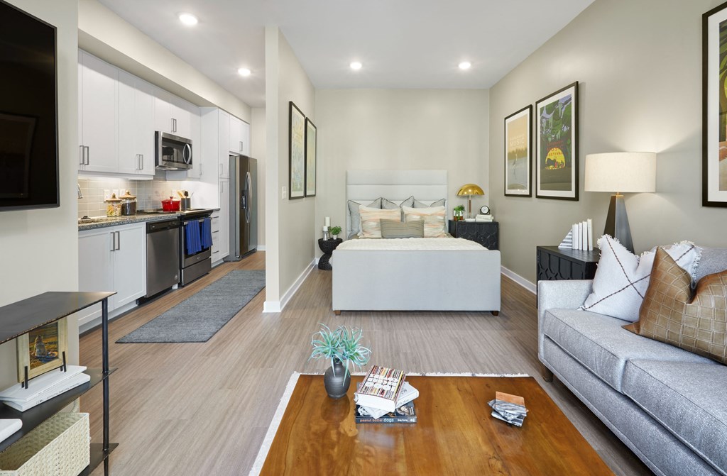 a living room with a couch and a table