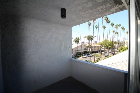 a room with a view of a street and palm trees