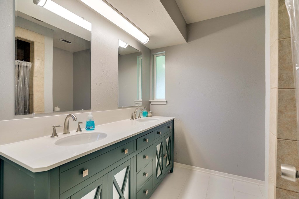 a bathroom with a sink and a large mirror