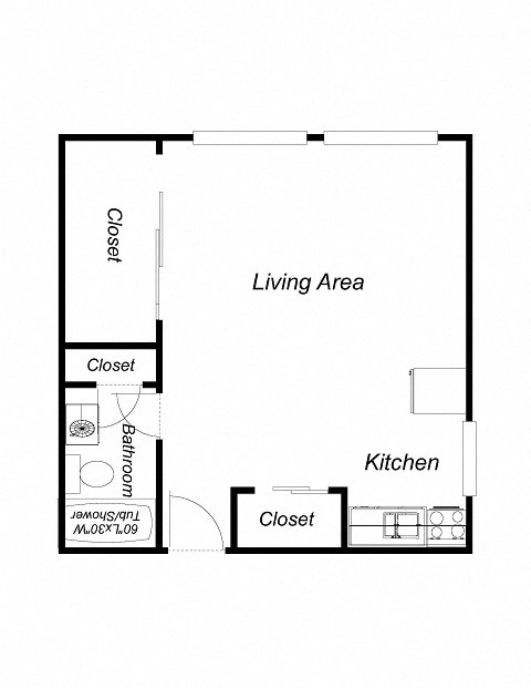 Studio floor plan for Atrium Court Apartments