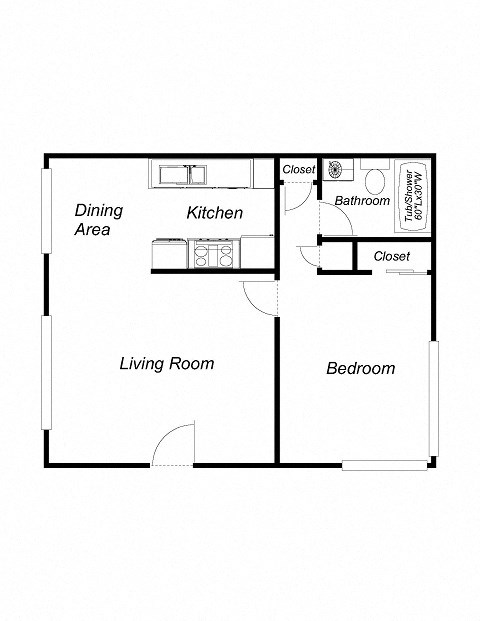 1 Bedroom floor plan for Atrium Court Apartments