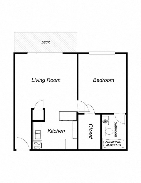 1 Bedroom floor plan for Atrium Court Apartments