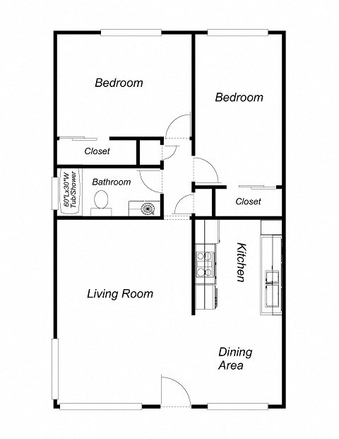 2 Bedroom floor plan for Atrium Court Apartments