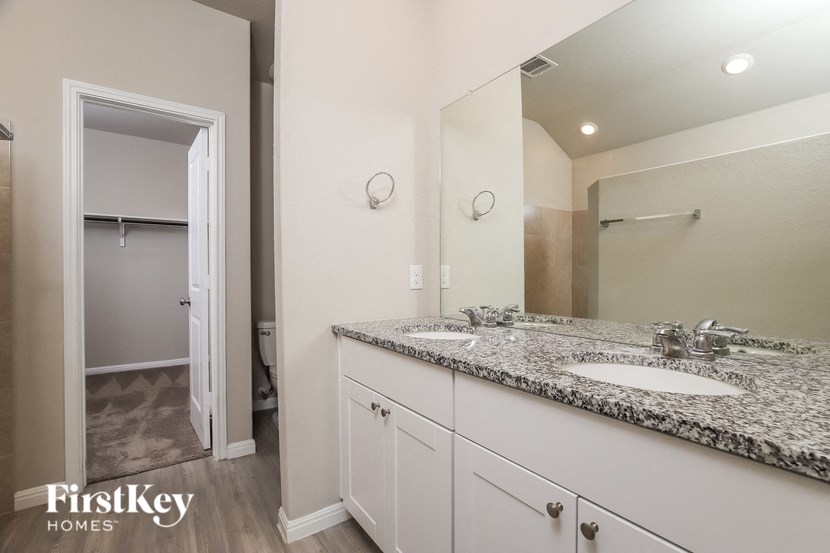 a bathroom with a sink and a mirror and a shower