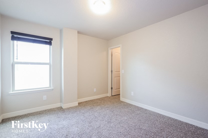 A carpeted room with a door and a window.