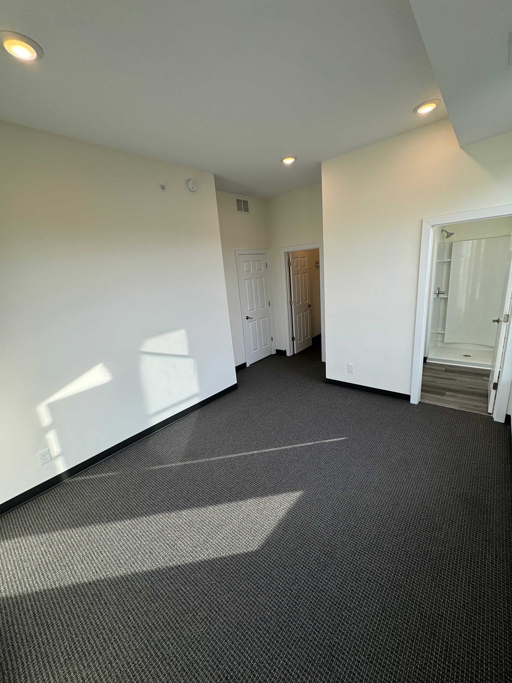 a room with white walls and carpet and a door