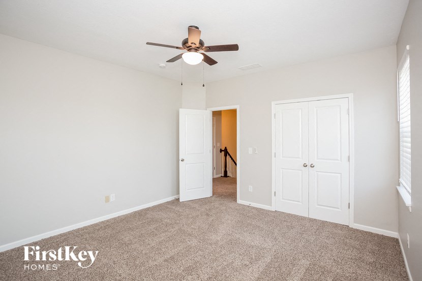 a living room with carpet and a ceiling fan