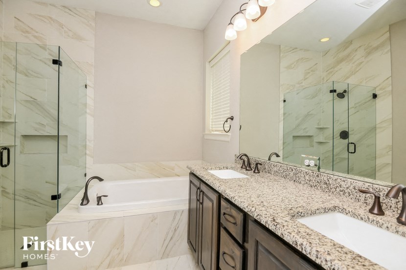 a bathroom with two sinks and a shower and a mirror