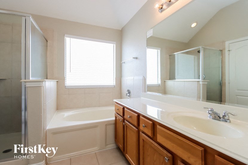 a bathroom with a tub and a sink and a mirror